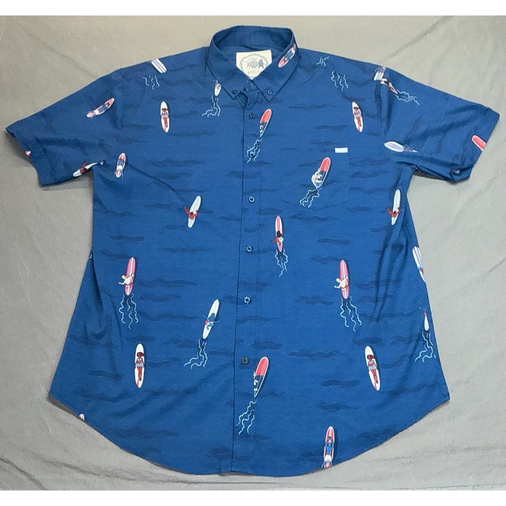 Rsvlts Americana Blue Surf Board Button Up Shirt Mens 2XL Kunuflex Short Sleeve